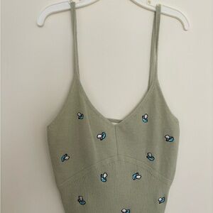 La Hearts Sage Green Knit Ribbed Mushroom Embroidered Tank Top